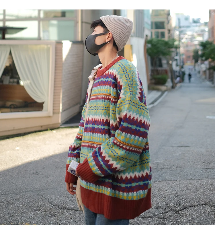 Зимний мужской свитер с модным принтом, повседневный вязаный пуловер с круглым вырезом, Мужская Уличная одежда, свободный ретро свитер