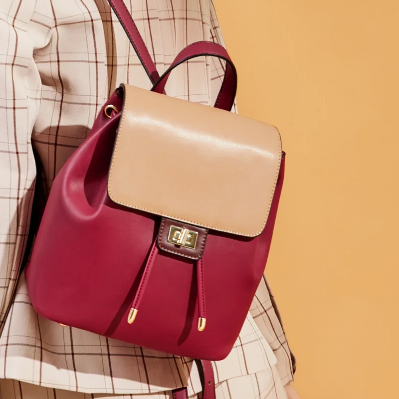 

Backpack Women's 2019 New Style WOMEN'S Leather Bags Contrast Color Europe And America Style Versatile Leather Backpackage Women