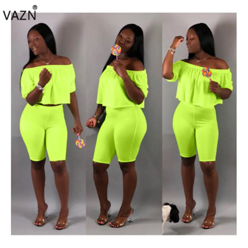 

VAZN LBXZ6139 New Design Yellow Blue Sexy Holiday Fashion Elegant Wind Short Sleeve Top Wind Women 2 Piece Set