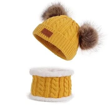 

Two Pieces Hat And Scarf Set Children's Kids Fake Ball Pompon Keep Warm Knitted Beanie Cap Girls Boys Hats Winter Accessories
