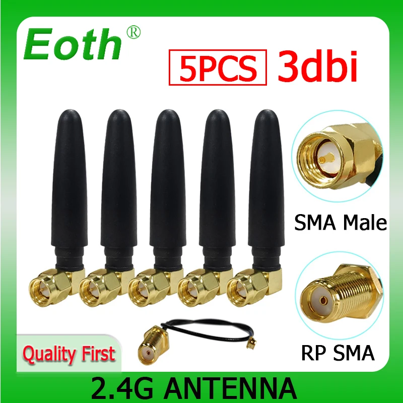 

EOTH 5pcs 2.4g antenna 3dbi sma male wlan wifi 2.4ghz antene IPX ipex 1 SMA female pigtail Extension Cable iot module antena
