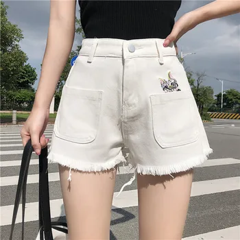 

2 Colors New Summer Harajuku Cute Cat Embroidered Denim Shorts Women High Waist Pole Dance Shorts Loose Wide Leg Shorts Mujer
