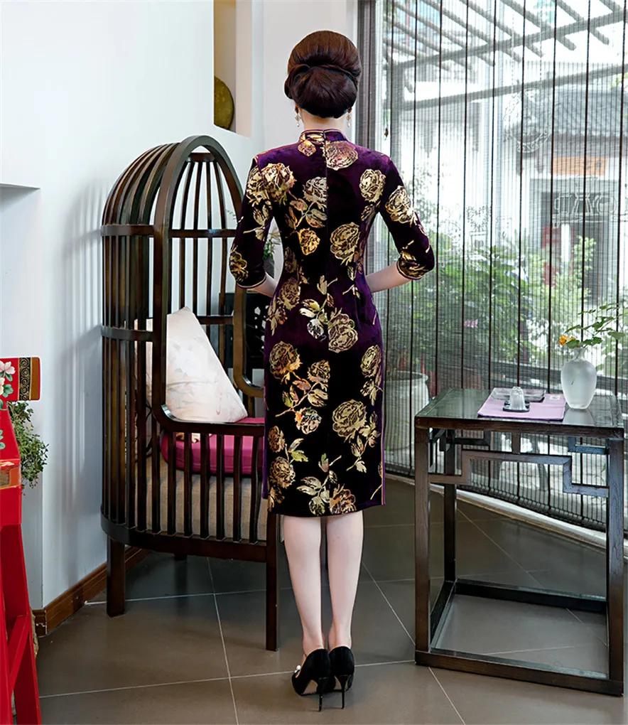 Шанхай история Половина рукава китайское традиционное платье Cheongsam Цветочная вышивка бархат Qipao китайское женское платье 3 цвета
