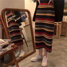 Вязаные радужные полосатые длинные юбки, женские прямые шерстяные юбки средней длины с высокой талией, осенне-зимняя Лоскутная облегающая винтажная юбка
