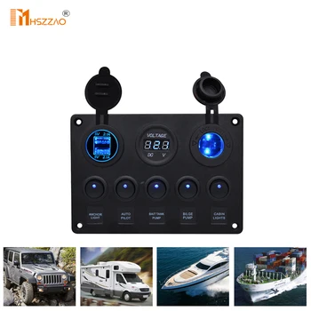

12V Car Combination Control Panel 5-Position Switch Dual USB Car Charger Digital Display Voltmeter For Ships Yachts RV Buses Etc