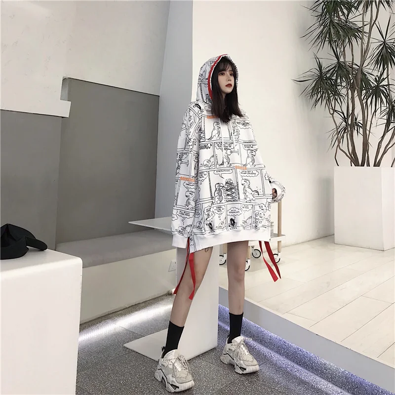 Корейский ins Harajuku винтажный шикарный Забавный мультяшный принт толстовка с капюшоном женская личность BF свободная модная Женская толстовка