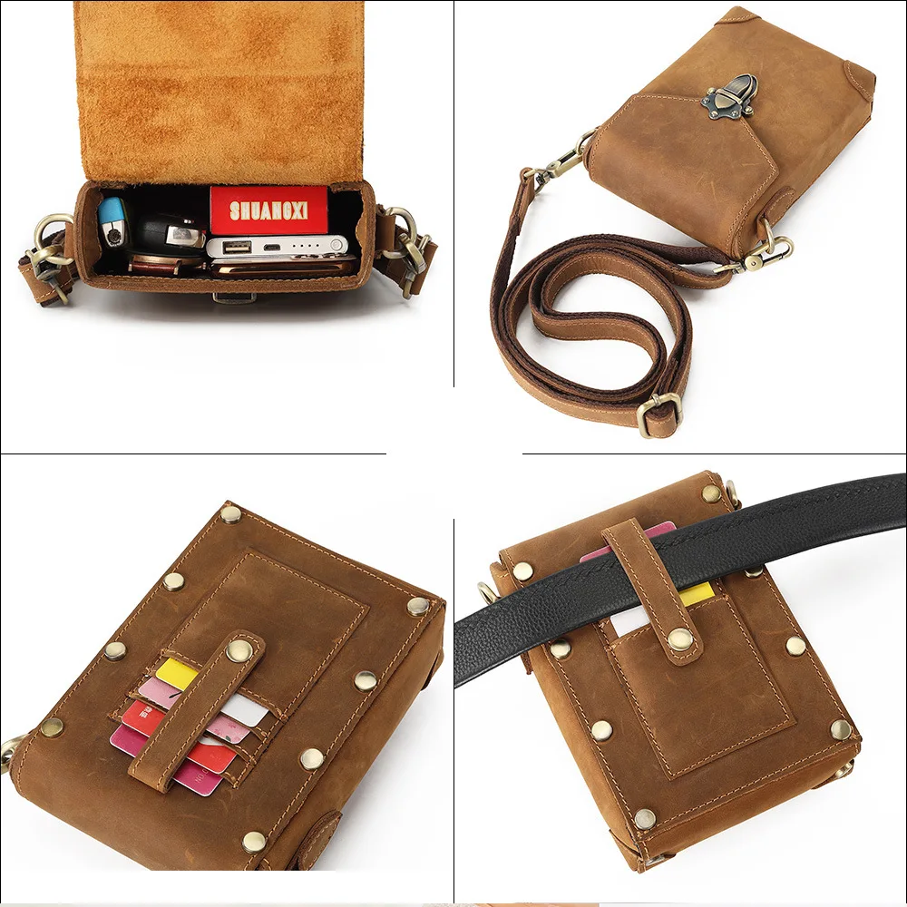 2021 New Men's Belt Bag Leather Retro Crazy Horse Cowhide Shoulder Bag Casual Fashion Wear Belt Small Bag