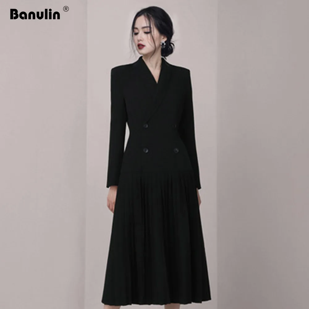 Banulin новые черные однобортные Плиссированные Длинные платья женские зимние костюмы с зубчатым вырезом платья с длинным рукавом OL Vestidos