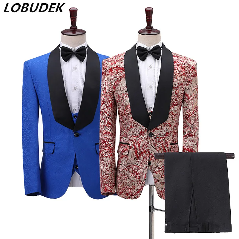 

Men England Style Jacquard Suits Vintage Printing Blazers Vest Pants 3 Pieces Set Wedding Groom Fashion Suit Singer Host Outfits