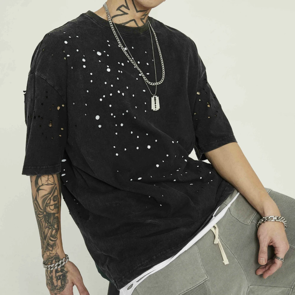 

Ripped Holes Distressing T-shirt 2020ss Kanye West Vintage Black Short Sleeve Cotton Tee Relaxed fit