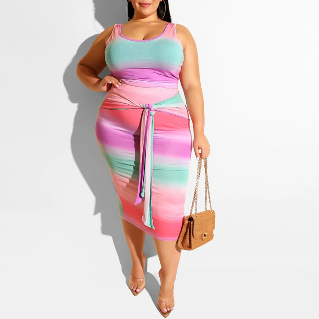 

2019 summer women Plus Size two piece print sexy night club party two piece set bodycon dress tank top + skirt 2 pieces set #723