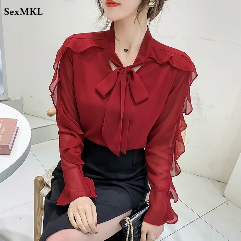 Blusas de chifón de manga larga para Mujer, camisas elegantes ajustadas Y2k con volantes, color blanco y rojo, moda coreana, 2022|Blusa| AliExpress