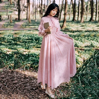 

YOSIMI Pink Party Dress Elegant 2020 Summer Maxi Vintage Long Women Dress Ankle-Lenght Full Sleeve Jacquard Chiffon Long Vestido