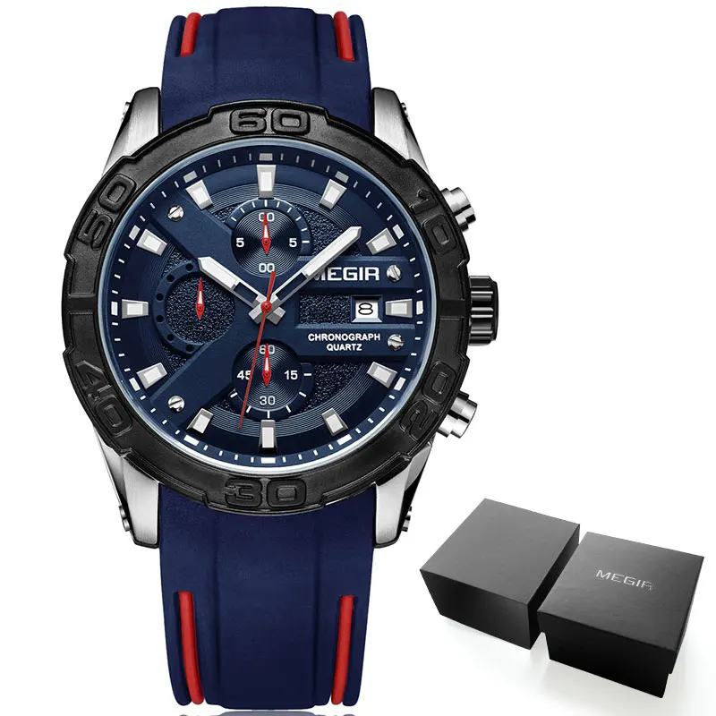 MEGIR мужские модные спортивные кварцевые часы светящийся силиконовый ремешок хронограф аналоговые наручные часы для мужчин черный красный 2055G-BK-1 - Цвет: M2055G-Blue