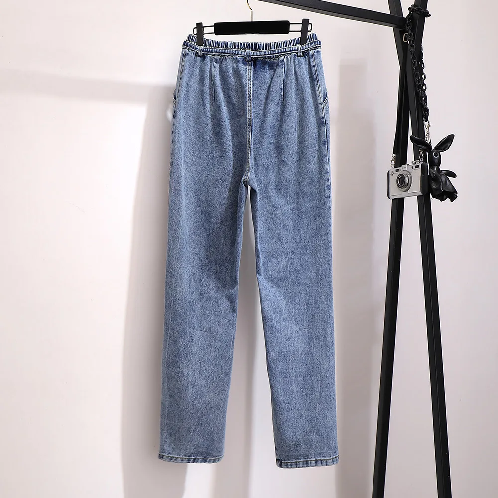 Новые осенние зимние джинсы размера плюс для женщин, большие свободные повседневные джинсовые длинные штаны с эластичным поясом синего цвета 3XL 4XL 5XL 6XL 7XL