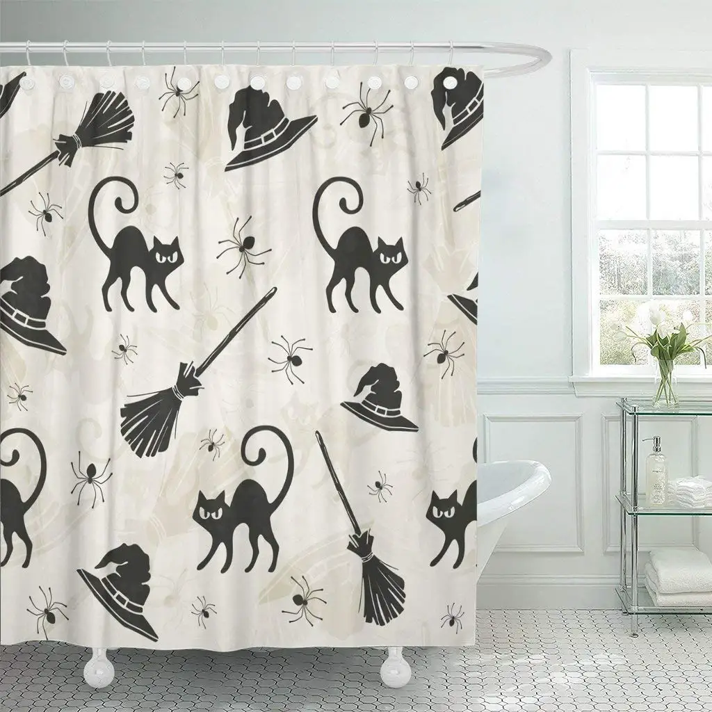 

Pattern Halloween Cats Brooms and Witch Hats Silhouette Black Shower Curtain Bathroom Sets Hooks,Waterproof Polyester Curtain