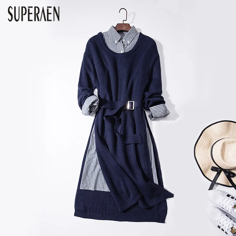 

SuperAen 2019 Autumn New Pluz Size Women's Sets Long Sleeve Casual Shirts Wild Fashion Long Sleeve Knit Dress Two Pieces Female