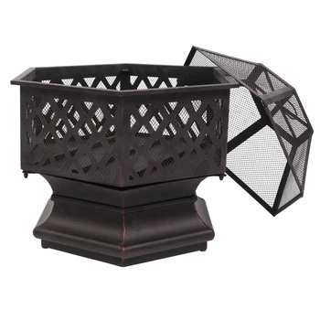 

22" Hexagonal Shaped Iron Brazier Wood Burning Fire Pit Decoration for Backyard Poolside