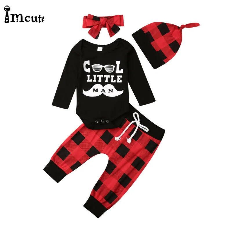 4PCs Infant Newborn Baby Boy Girl Sets Letter Long Sleeve Romper Red Plaid Pants Hat Bowknot Outfits Cute Casual Clothes 0-24M