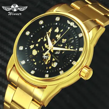 

WINNER Business AutoMechanical Watch Men Golden Stell Strap Skeleton Mens Watches Top Brand Luxury Crtystal Decoration Clock