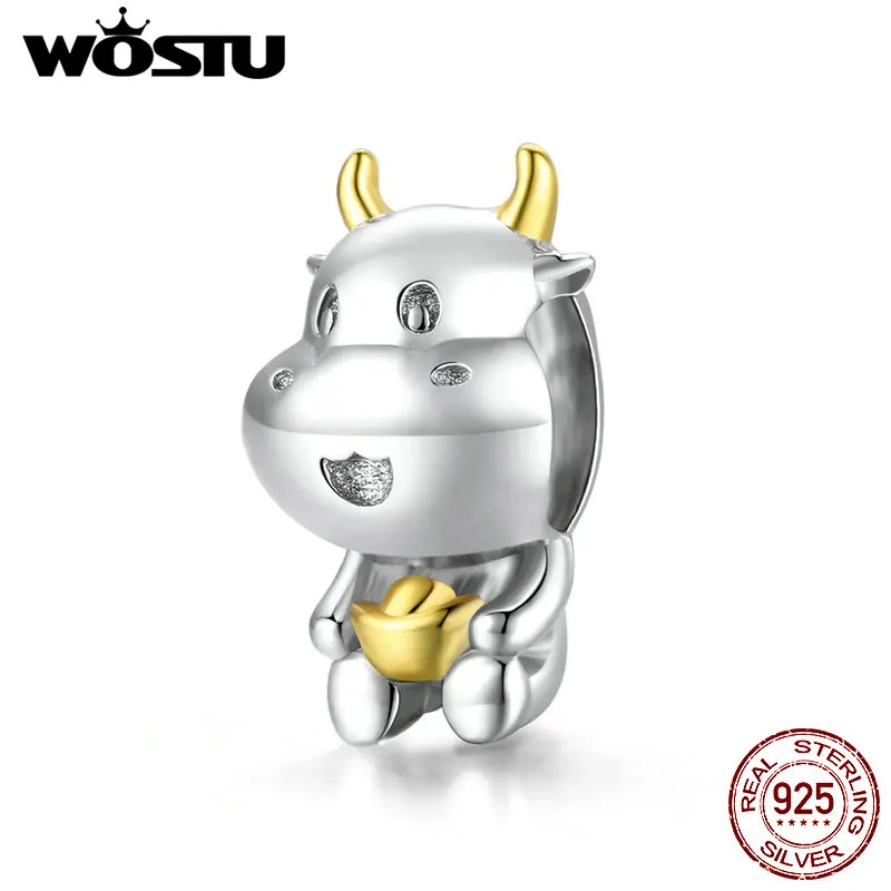 

WOSTU 925 Sterling Silver Lucky Cow Bead Animal Charm Fit Original Bracelet DIY Making Necklace Pendant Jewelry CQC1709