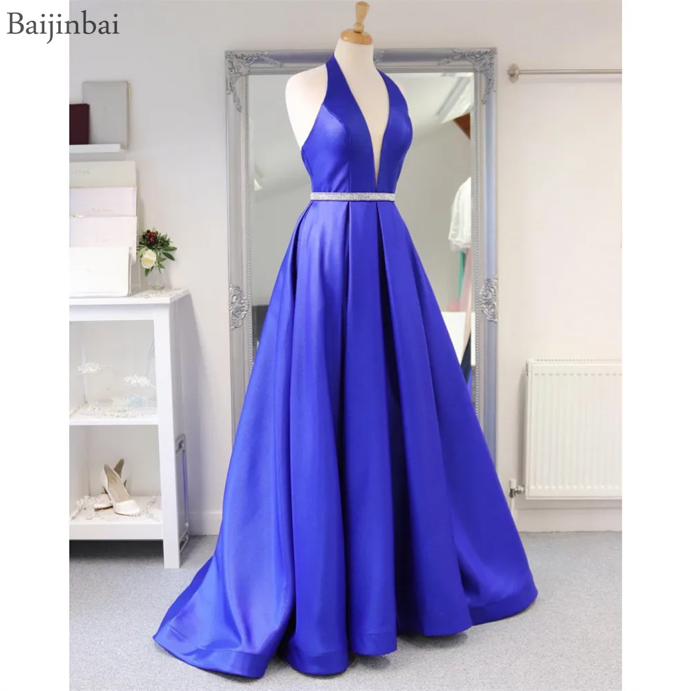

Baijinbai Halter Deep V-neck Prom Dresses Satin Crystals Pageant Gowns Formal Evening Party Sleeveless Backless Royal Blue Dress