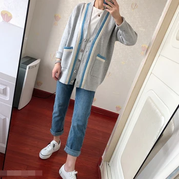 

Preppy Style Knitted Women Cardigan 2020 New Striped Lady Long Sleeve Sweater Female Knitwear Outwear Top With Double Pockets