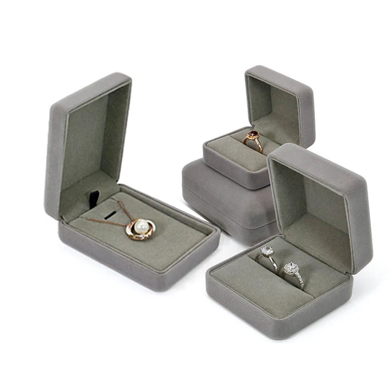Gray Velvet Double Ring and Large Pendant Box Best Gift for Valentine Wedding Jewelry Display Packaging Organizer Storage | Украшения и