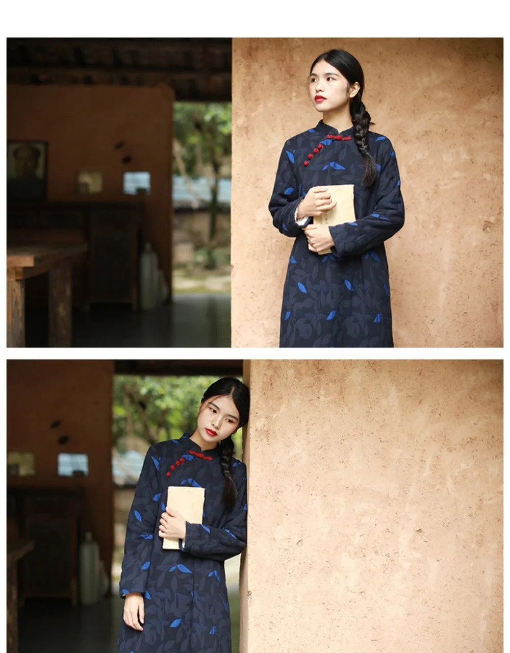 LZJN 2019 New Vintage Chinese Thickened Plush Dress Autumn Winter Female Warm Long Cheongsam Qipao Retro Robe Dress (19)
