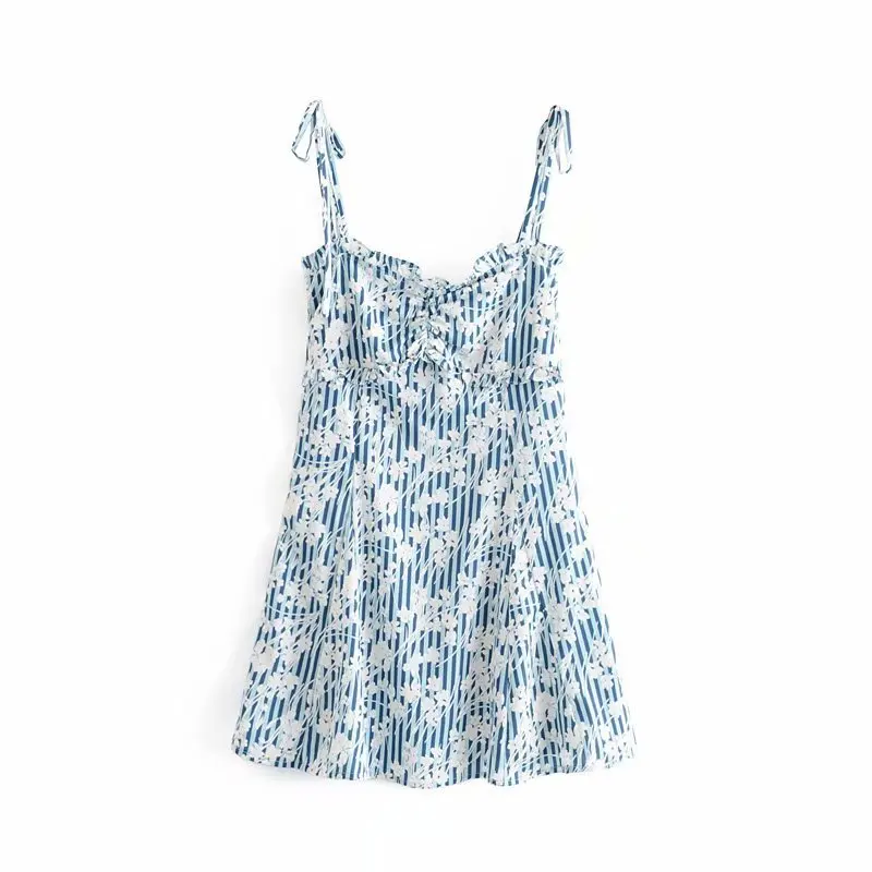 

Europe And America Summer New Style Slim Fit Slimming Backless Lace-up Printed French Floral-Print Bow Strapped Dress