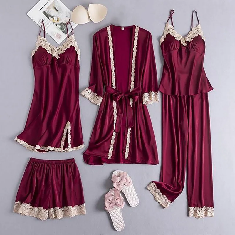 Suit Ladies Silk Satin Pajamas Set Female Lace Pyjama Set Sleepwear Spring Summer Home Wear Nightwear 5pcs For Women