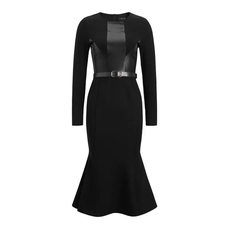 Осеннее женское длинное платье из искусственной кожи в стиле пэчворк, черное платье русалки с круглым вырезом, облегающие Сексуальные вечерние платья бодикон, винтажные платья Vestidos