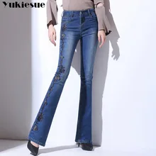 Вышивальные джинсы с расклешенными краями женские длинные джинсовые брюки винтажные брюки капри Высокая талия стрейч женские джинсы плюс размер