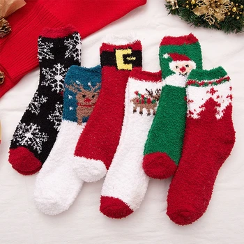 

6 Pairs Christmas Santa Elk Snowflakes Casual Coral Fleece Socks Autumn Winter Warm Soft Fuzzy Sock for Women Lady