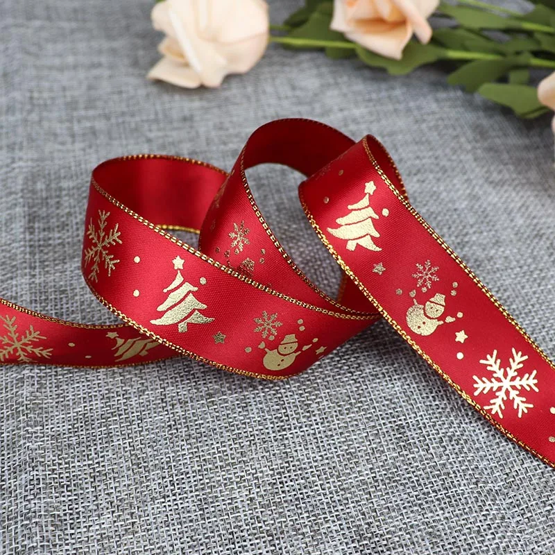 5 Yards 25mm Bronzing Christmas Ribbon Printed Polyester Ribbon For Christmas Decoration Gift Wrapping DIY Sewing Fabric