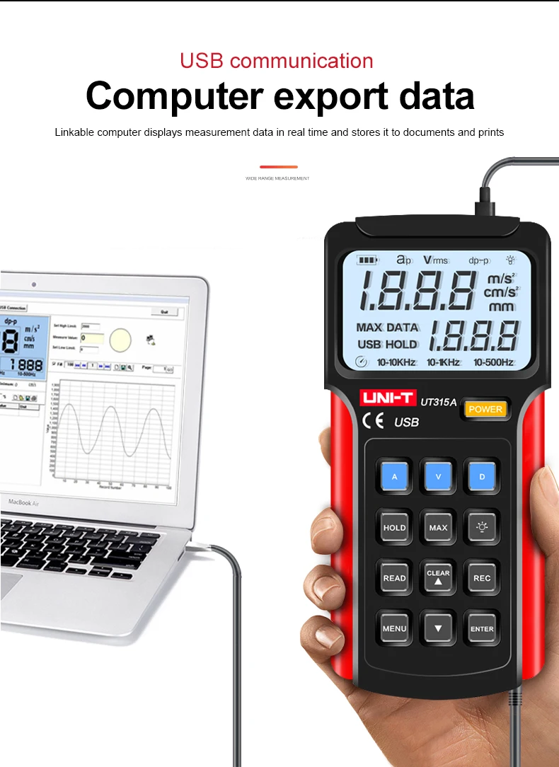 UNI-T ручной UT315A цифровые тестеры вибрации Ускорение Скорость смещения измерения USB подключения ПК Мягкий