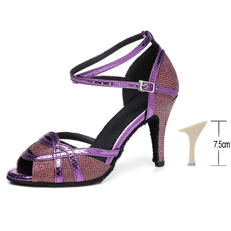 Purple 7.5CM HROYL Для женщин Латинская танцевальная обувь для женщин и девушек женская Танго танцевальные сандалии Сальса синтез пикантные вечерние туфли на высоком каблуке 4/6/705/8,5/10 см - Цвет: Purple 7.5CM
