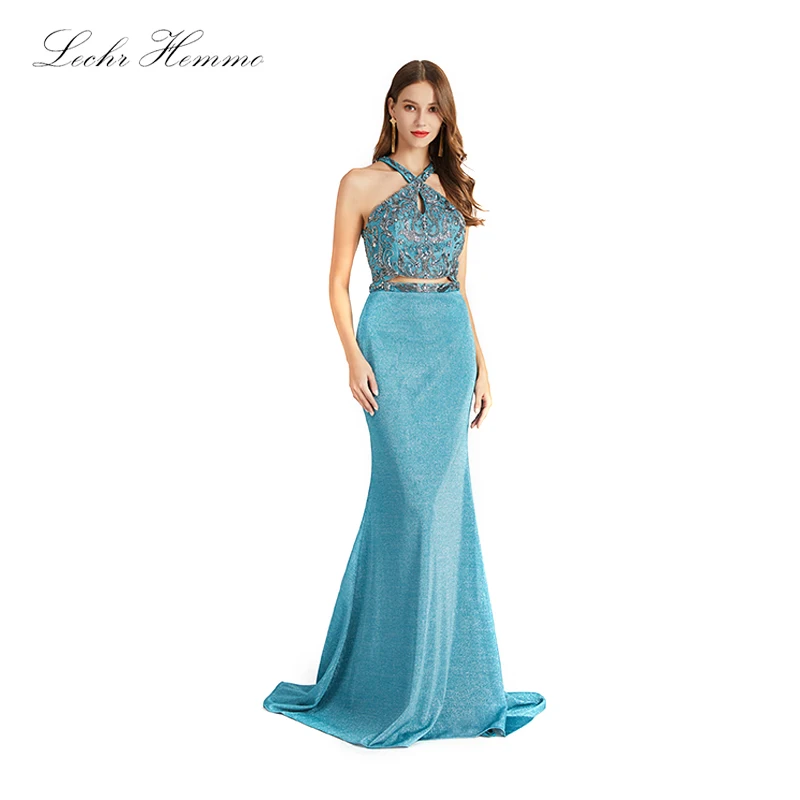 

Evening Gown 2020 Mermaid Halter Light Blue Chiffon Lace Beaded Backless Lady Long Evening Dress Prom Dress Floor Length