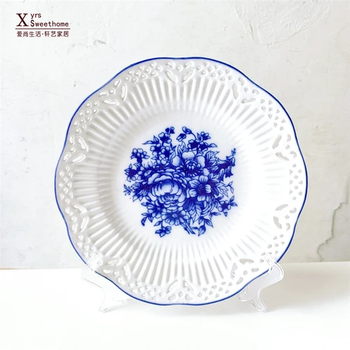 Керамическая тарелка синий и белый чайный сервиз ажурная тарелка антикварная фарфоровая сахарная ваза чаша десертная тарелка кружка тарелка послеобеденный чайник - Цвет: A 25.5X2