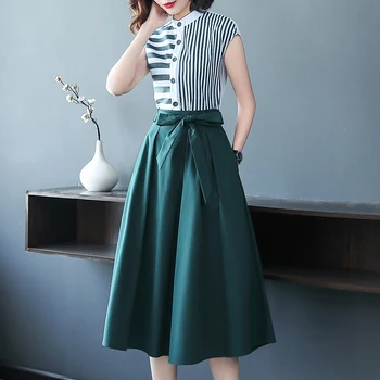

Summer Office Two Piece Set Temperament Slim Striped Stitching Sleeveless Shirt Business Sets Elegant Women Big Swing Skirt Suit