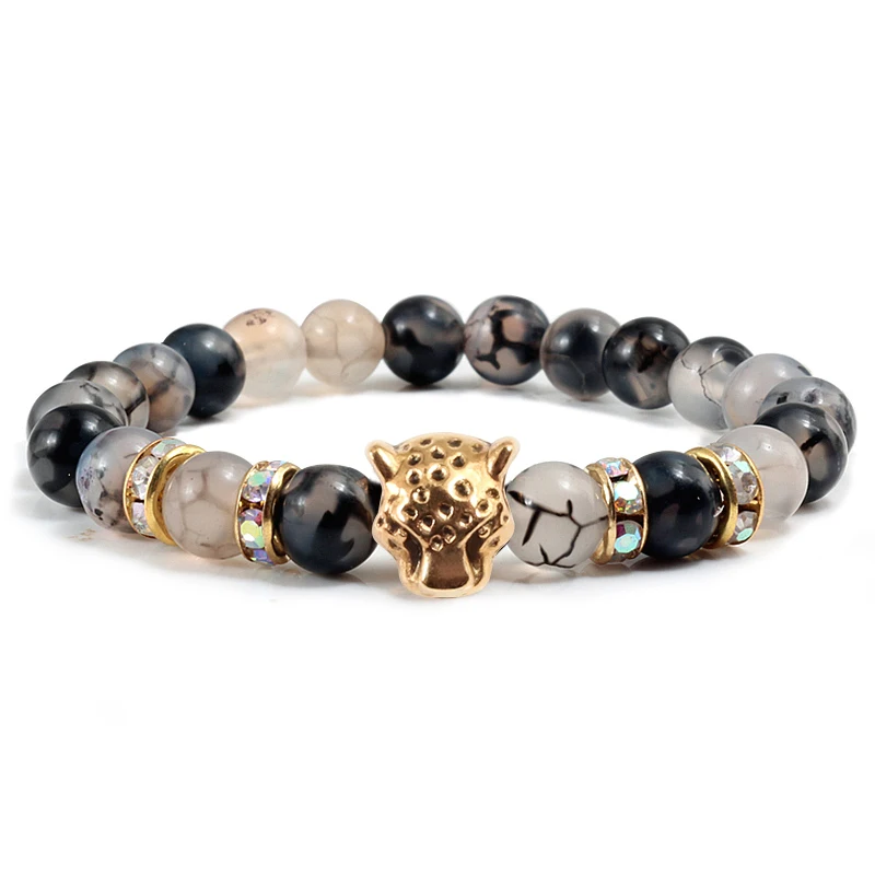 Pattern Gold AB Модный браслет для мужчин леопардовая голова Лава со вставками из натурального камня браслет из нескольких нитей Йога кулон мужские ювелирные подарки на руку - Окраска металла: Pattern Gold AB