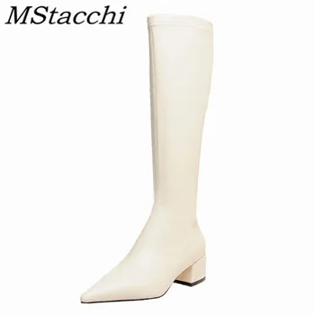 

Mstacchi Women Pointed Toe Solid Sewing Zipper Thigh High Boots Mature Office Lady Hoof Heels Winter Punk Motorcycle Thigh Boots