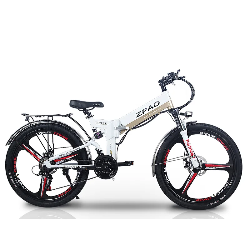 ZPAO 26 дюймов складной электрический велосипед, 48В, 10.4Ah литий Батарея, 350W горный велосипед, 5 Класс помощи педалированию, передняя вилка с амортизацией - Цвет: White I