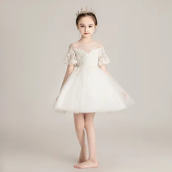 

White Lace Flower Girl Short Dress For Wedding Tulle Ball Gown Lace Appliques Little Gowns Girls First Holy Communion Evening Dr