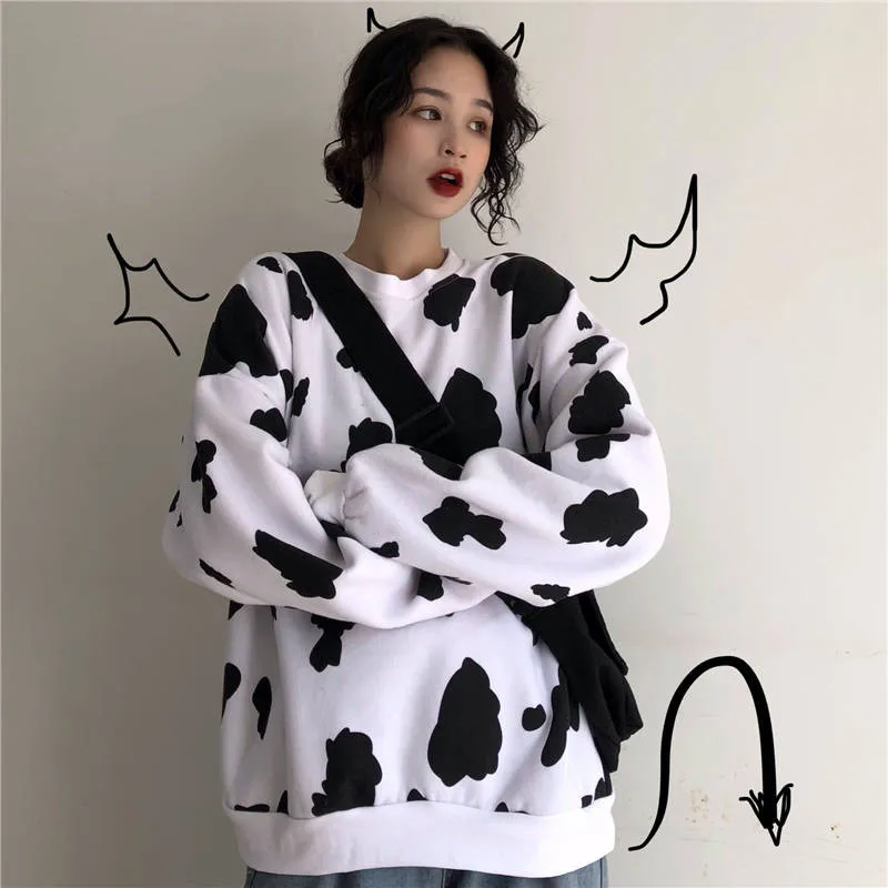  O Neck Autumn Hoodie Sweatshirt Women Tops Loose Casual Cute Milk Print Hoodie Streetwear Girl Pull