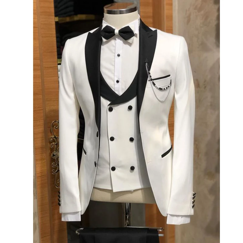 Белые мужские свадебные костюмы Slim Fit 3 шт. свадебные костюмы для мужчин куртка+ брюки+ жилет Мужские костюмы жениха смокинги