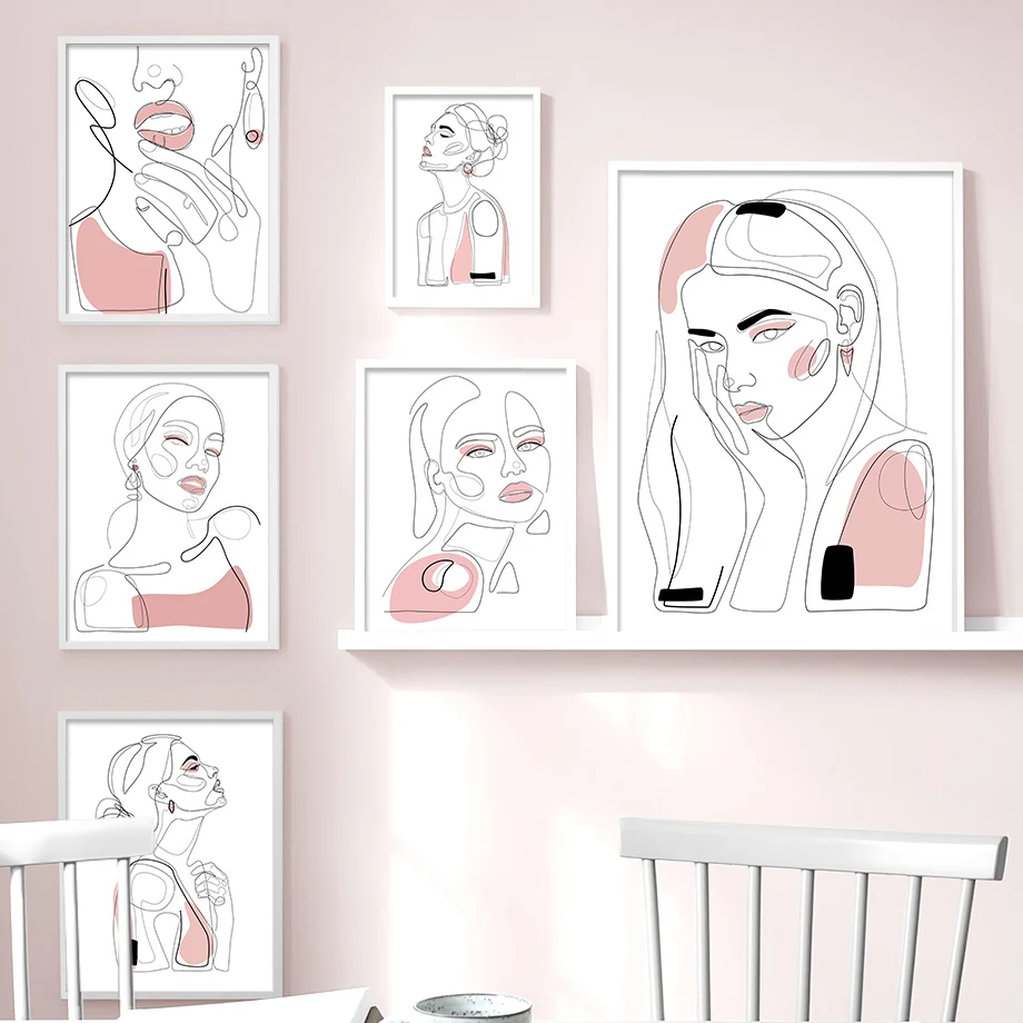 

Pink Abstract Geometric Lines Girl Minimalist Nordic Poster Wall art Canvas painting For livingroom bedroom Home Decor