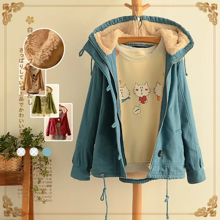 

College Style Solid Color Thick Berber Fleece Hooded Cotton Overcoat Japanese-style Mori Girl Line Short Cotton Coat Women's