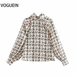 VOGUEIN Новый Женский Повседневный пуловер с принтом и длинными рукавами-фонариками, топ, рубашка, блузка, оптовая продажа