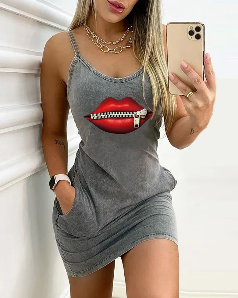 off shoulder dress Summer Sexy Suspender Strap Halter Club Dress Women's Fashion Letter Print Sleeveless Mini Pocket Casual O-neck Pocket Dress birthday dress Dresses